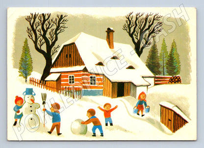 Pohlednice Zimní scéna děti sněhulák 1982 (M23548)