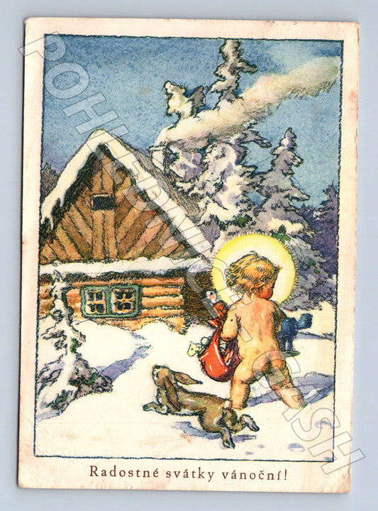Pohlednice vánoční anděl se srnkou 1947 (M23557)