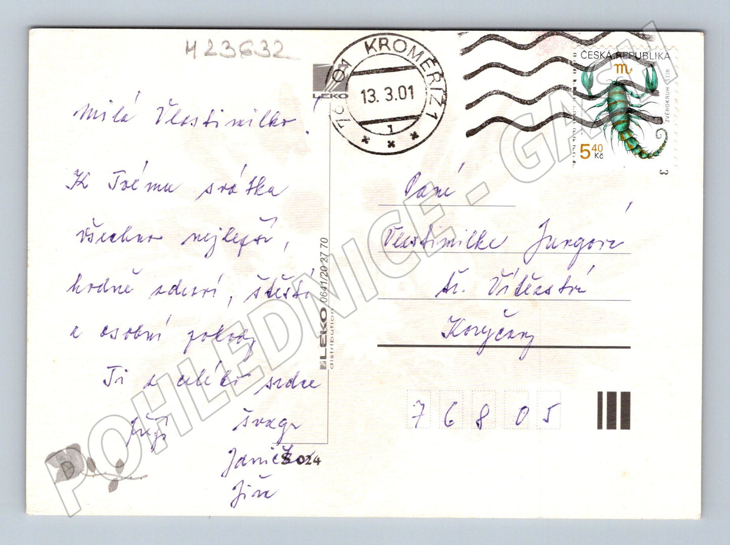 Pohlednice Kroměříž kytice Vše nejlepší 2001 (M23632)
