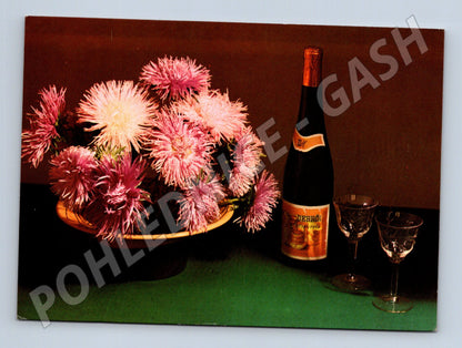 Pohlednice Slovensko Kytice aster a láhev vína 1968 (M23672)