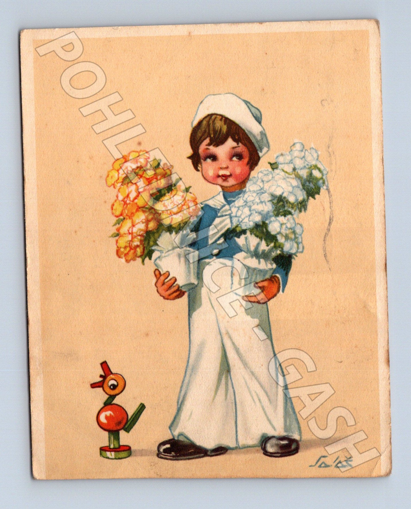 Pohlednice chlapec námořník květiny Koryčany 1958 (M23714)