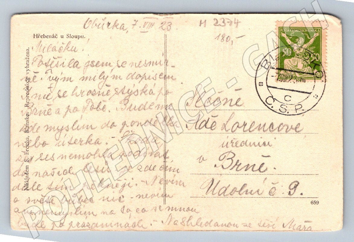 Pohlednice Hřebenáč u Sloupu Morava 1923 (M2374)