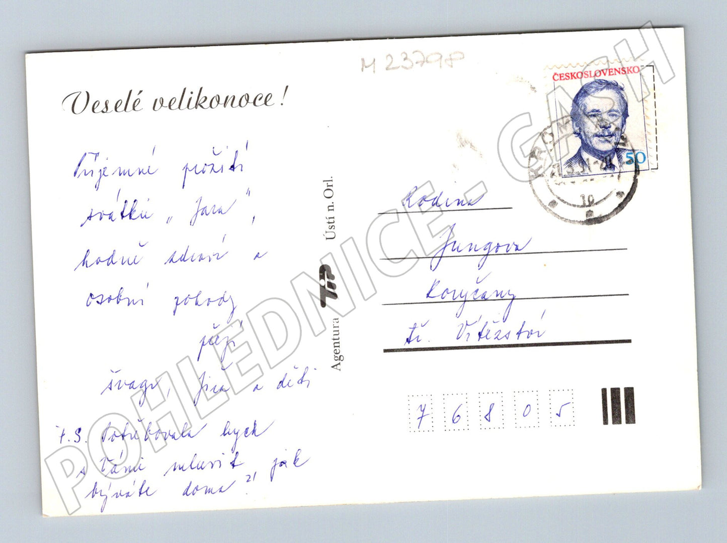 Pohlednice velikonoční králíci telefon košík (M23798)