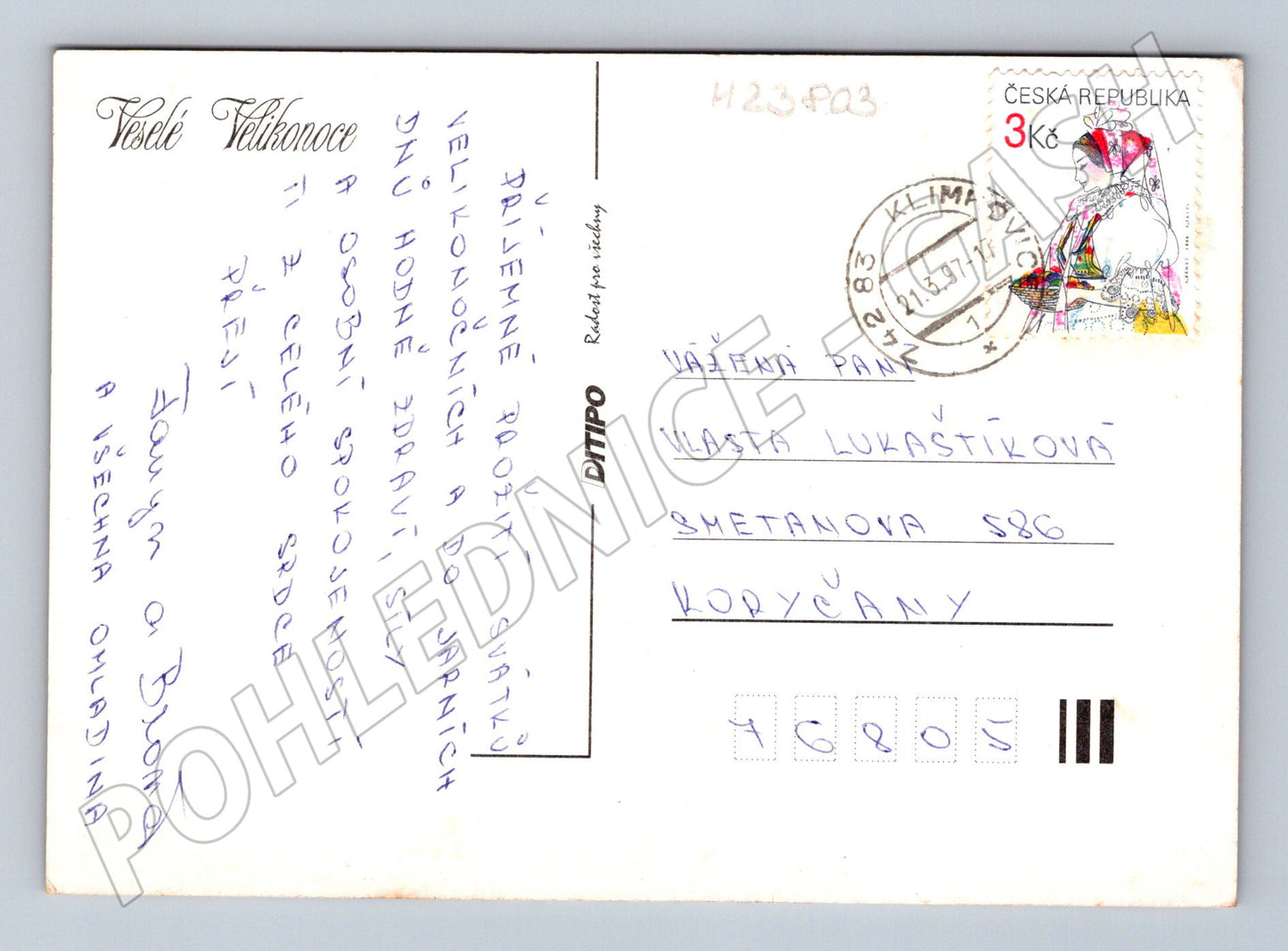 Pohlednice Velikonoční motiv vejce košík 1997 (M23803)