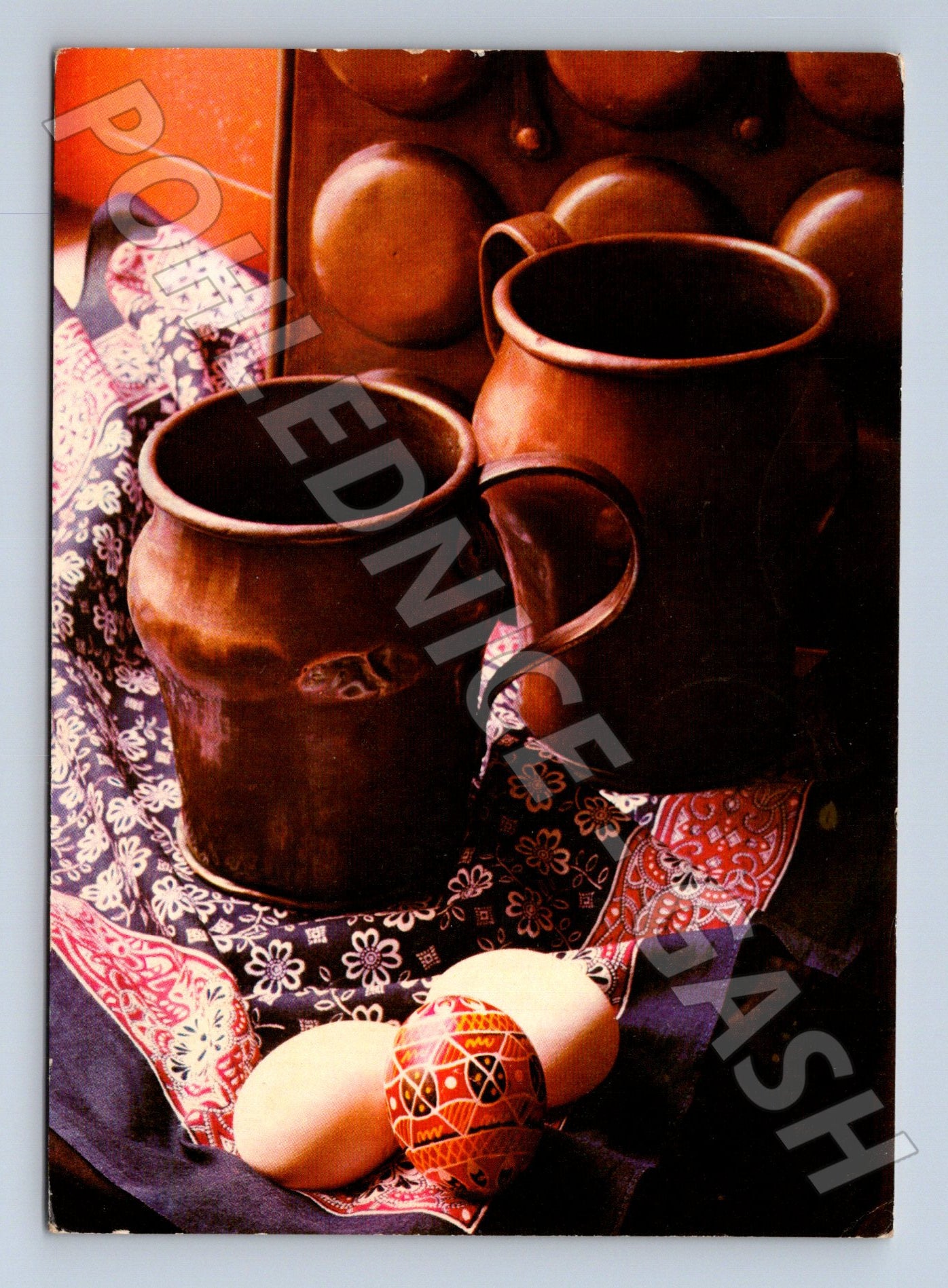 Pohlednice Velikonoční motiv měděné nádoby a vejce 1994 (M23835)