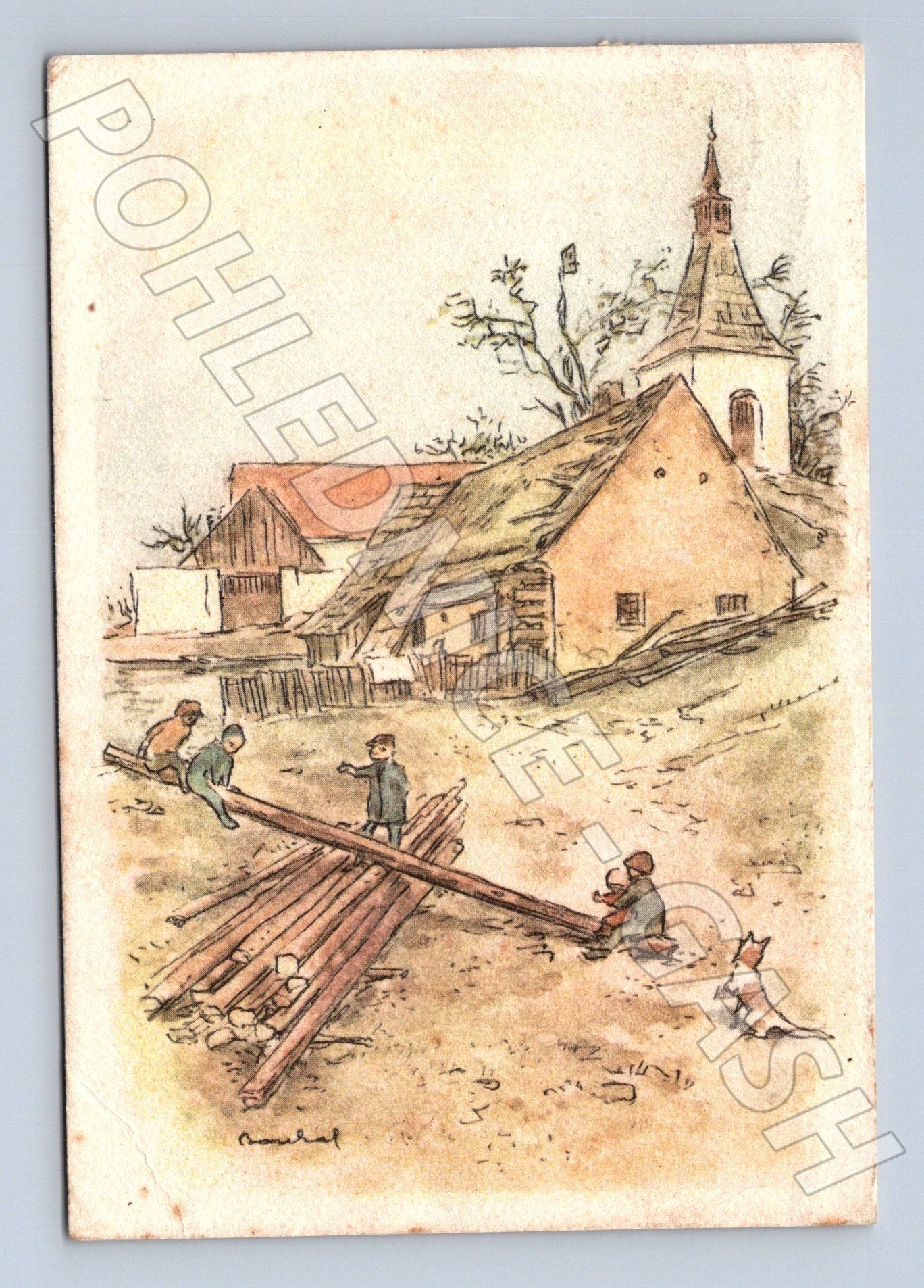 Pohlednice Velikonoce děti vesnice 1955 (M23880)