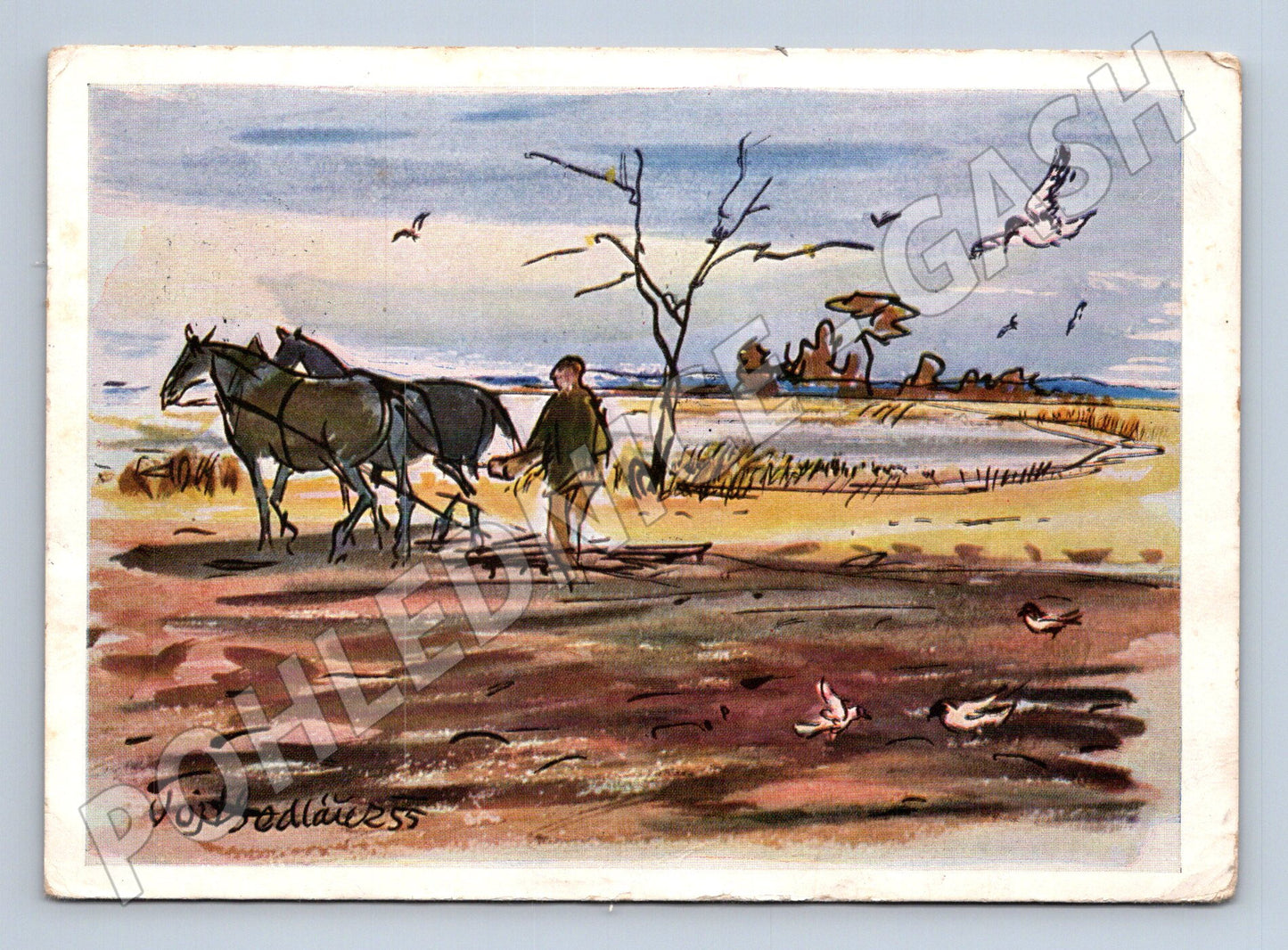 Pohlednice Velikonoce orba s koňmi Voj. Sedláček 1959 (M23889)