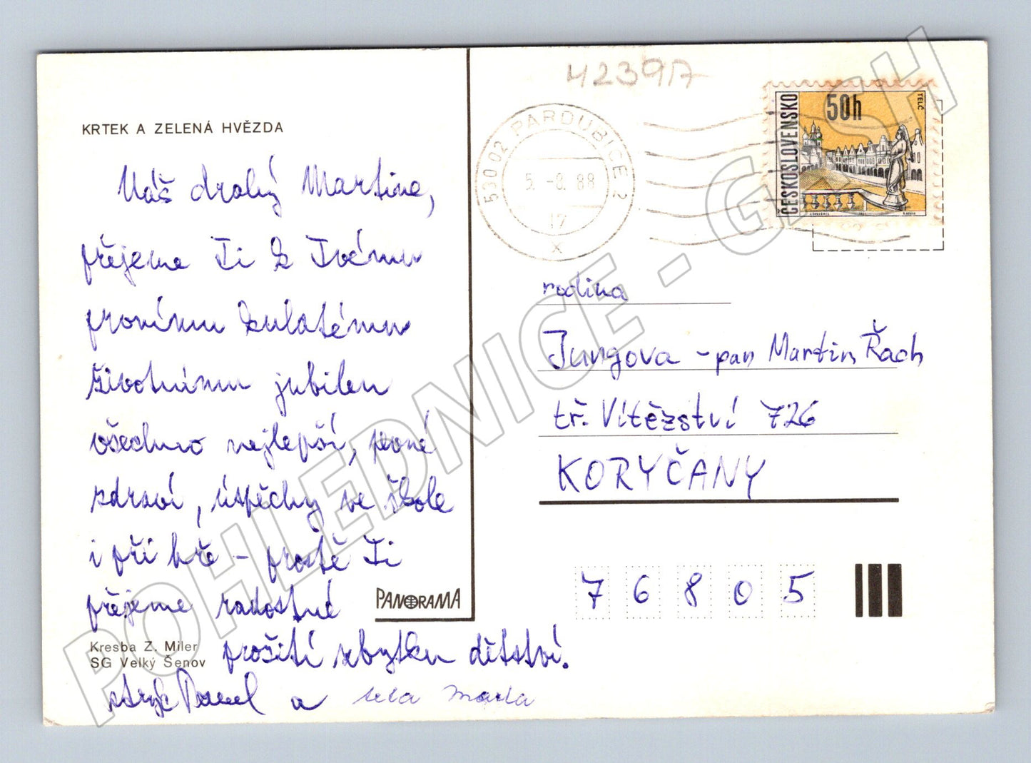 Pohlednice Krtek na stromě pod měsícem 1988 (M23917)