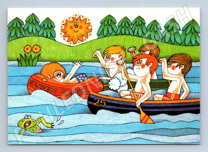 Pohlednice kreslená scénka děti na řece 1982 (M23918)