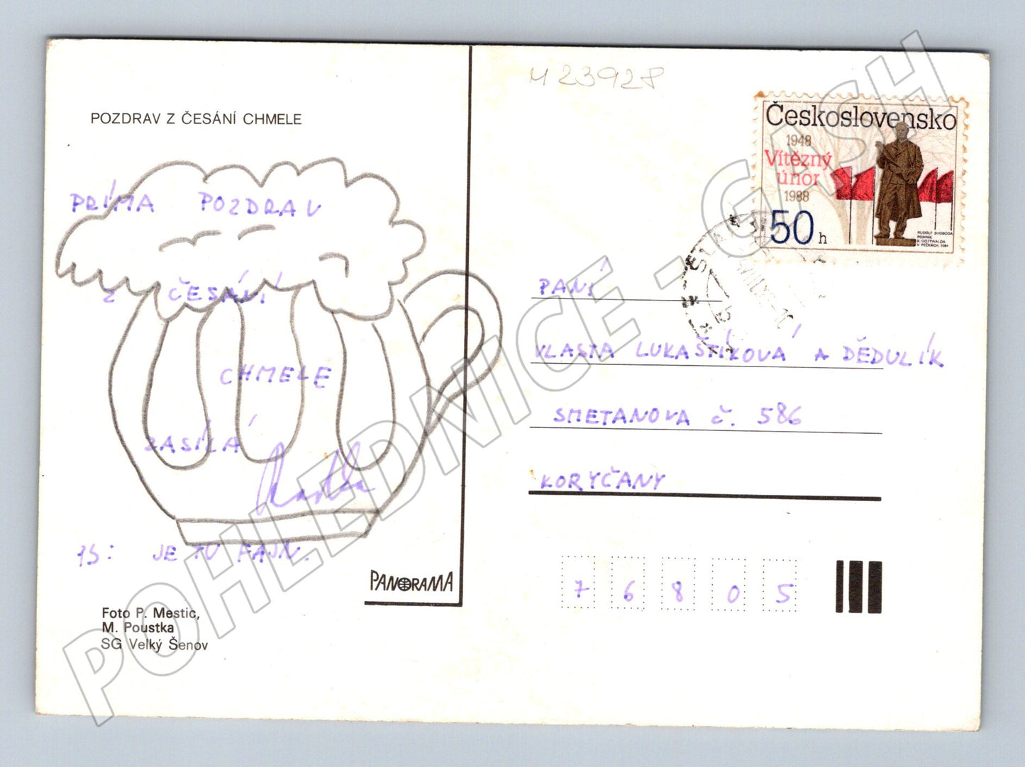 Pohlednice česání chmele sklizeň 1988 (M23928)