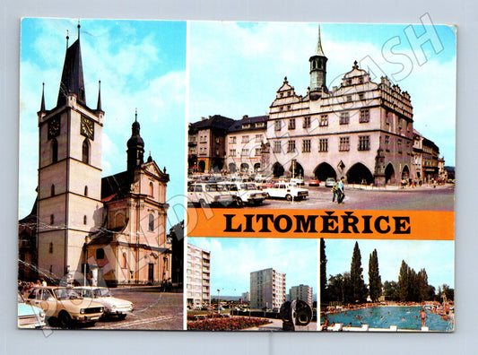 Pohlednice Litoměřice multiview radnice kostel bazén 70s (M23996)
