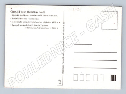 Pohlednice Číhošť kostel, interiér, pomník Toufara 1990 (M24011)