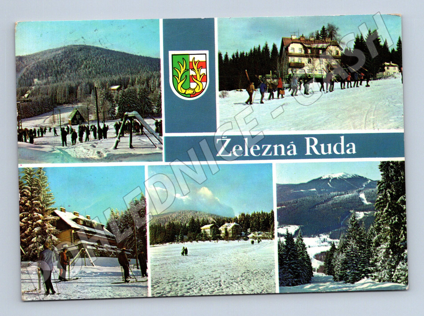 Pohlednice Železná Ruda zimní scény lyžaři 1977 (M24019)