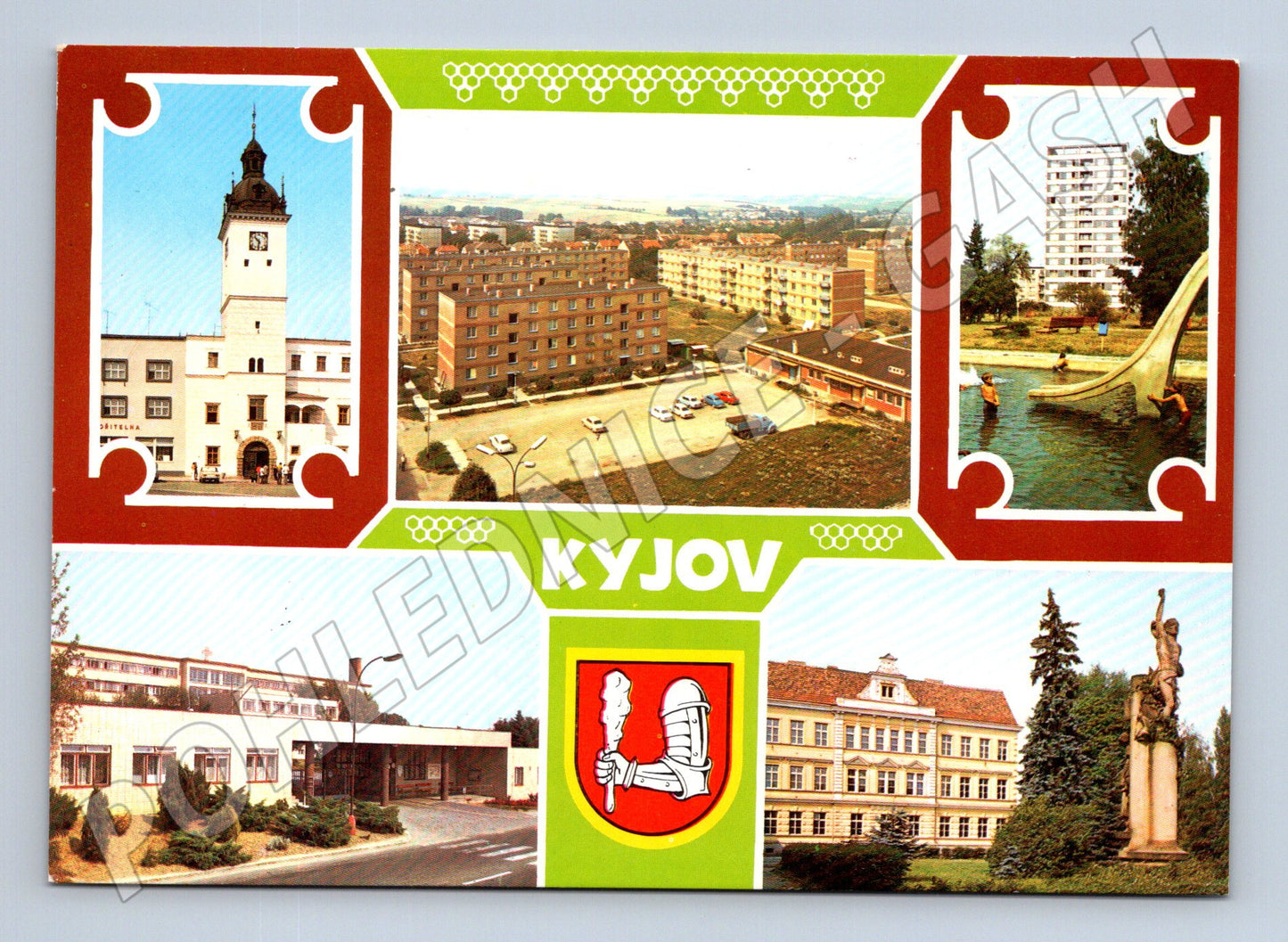 Pohlednice Kyjov Radnice, sídliště, koupaliště (M24106)
