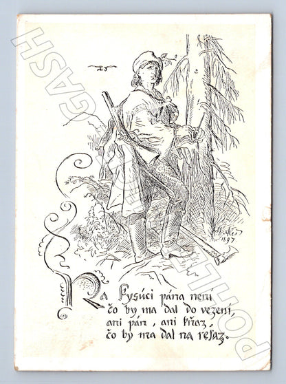 Pohlednice Mikoláš Aleš kresba spící muž puška 1953 (M24274)