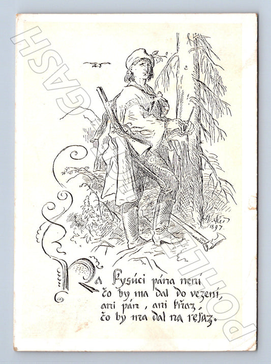 Pohlednice Mikoláš Aleš kresba spící muž puška 1953 (M24274)