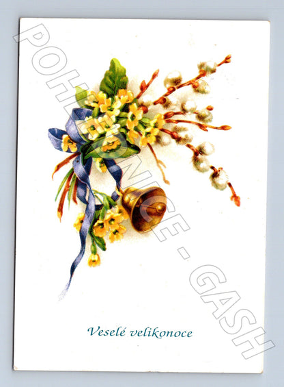 Pohlednice Velikonoční motiv, kočičky a zvonek 1998 (M24347)