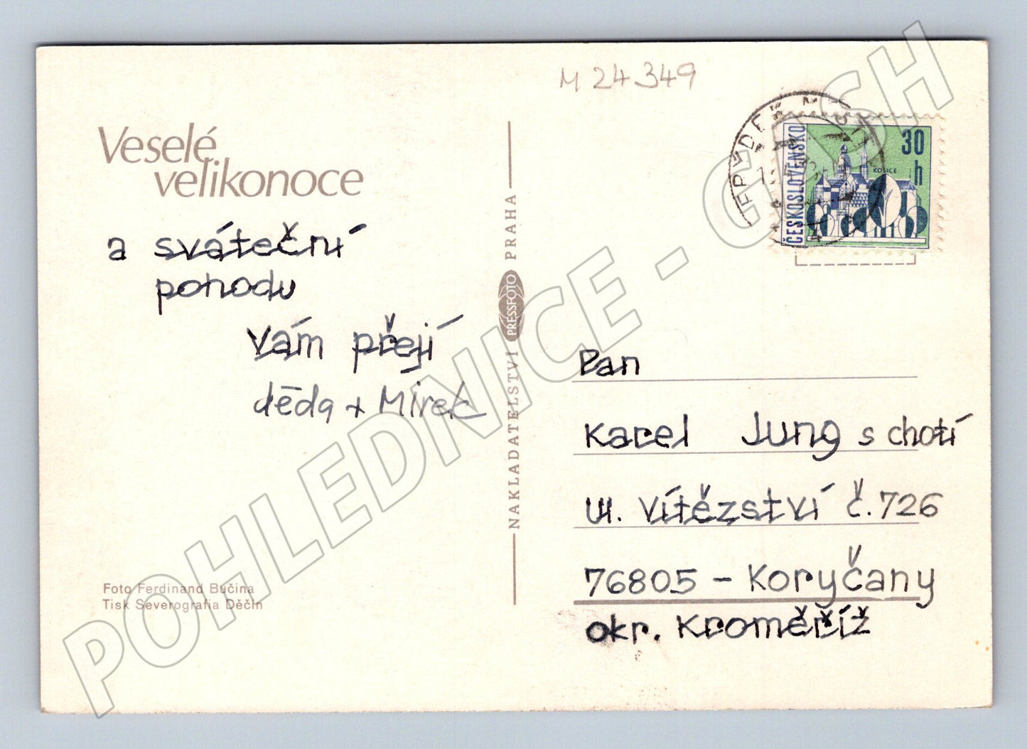 Pohlednice Velikonoce koš s kraslicemi a zlatým deštěm (M24349)
