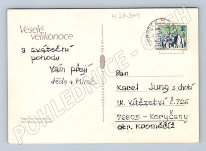 Pohlednice Velikonoce koš s kraslicemi a zlatým deštěm (M24349)