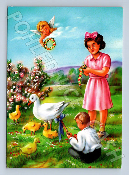 Pohlednice Velikonoční motiv děti, husa, kachňata 1997 (M24372)