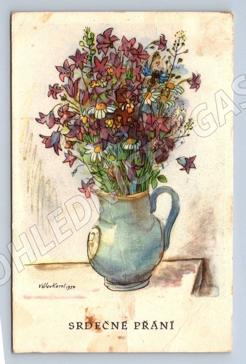 Srdečné přání s květinami 1950 Karel V. (M2446)