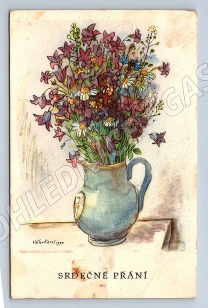 Srdečné přání s květinami 1950 Karel V. (M2446)