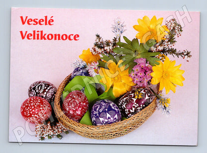 Pohlednice Velikonoční košík s vajíčky a květinami 1999 (M24474)