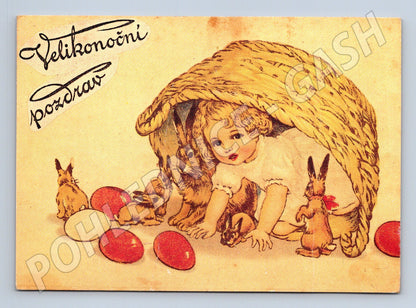 Pohlednice Velikonoční dítě s králíky (M24504)
