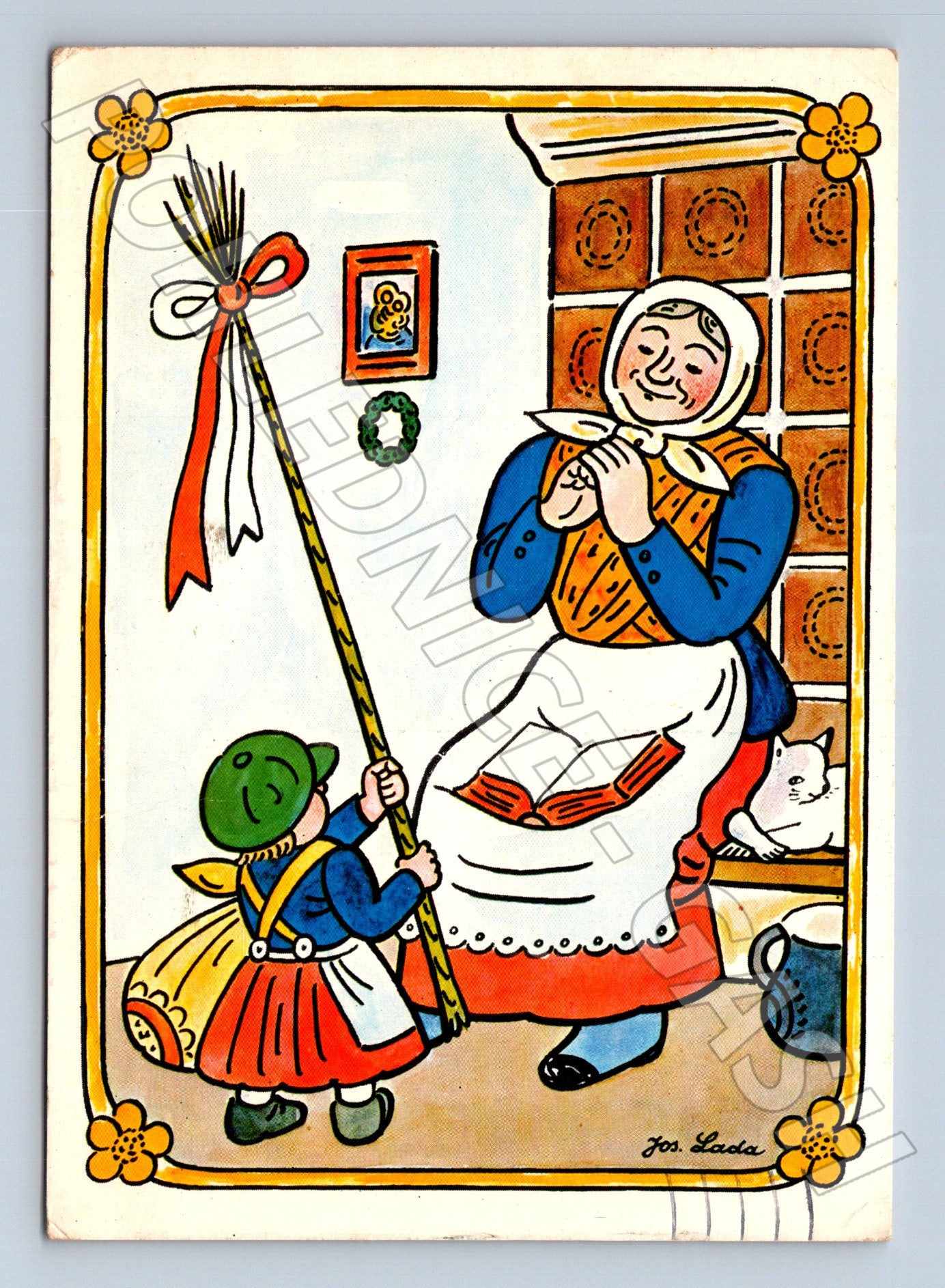 Pohlednice Velikonoce Josef Lada žena s dítětem a pomlázkou (M24586)