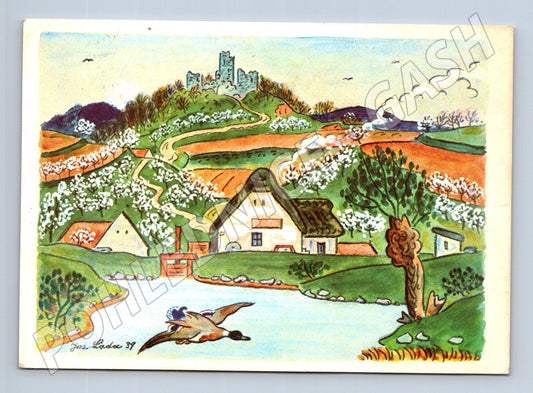 Pohlednice Josef Lada Velikonoce vesnice hrad 1939 (M24592)