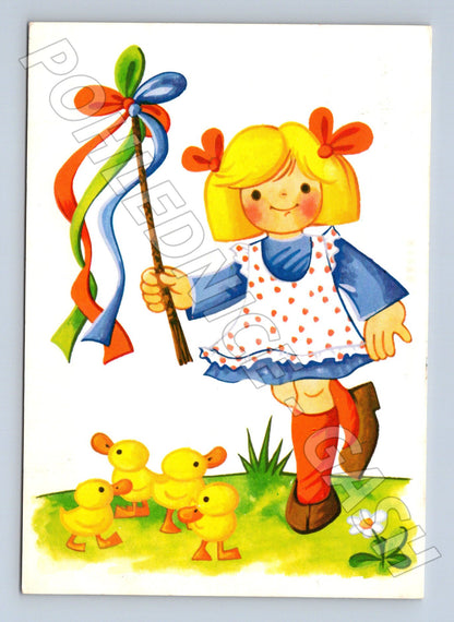 Pohlednice Velikonoce dívka kachňata 1984 (M24600)