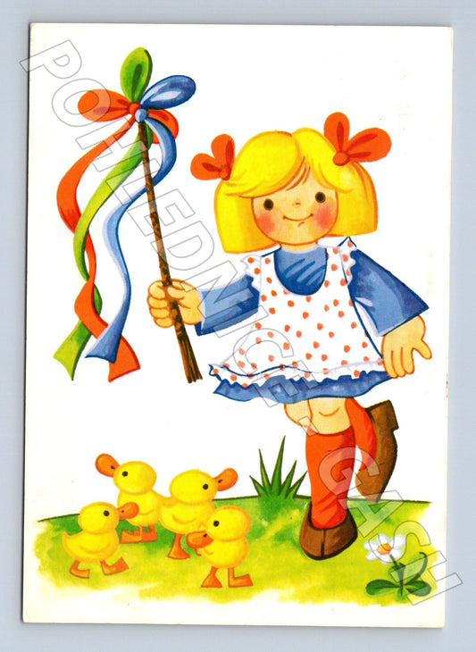Pohlednice Velikonoce dívka kachňata 1984 (M24600)