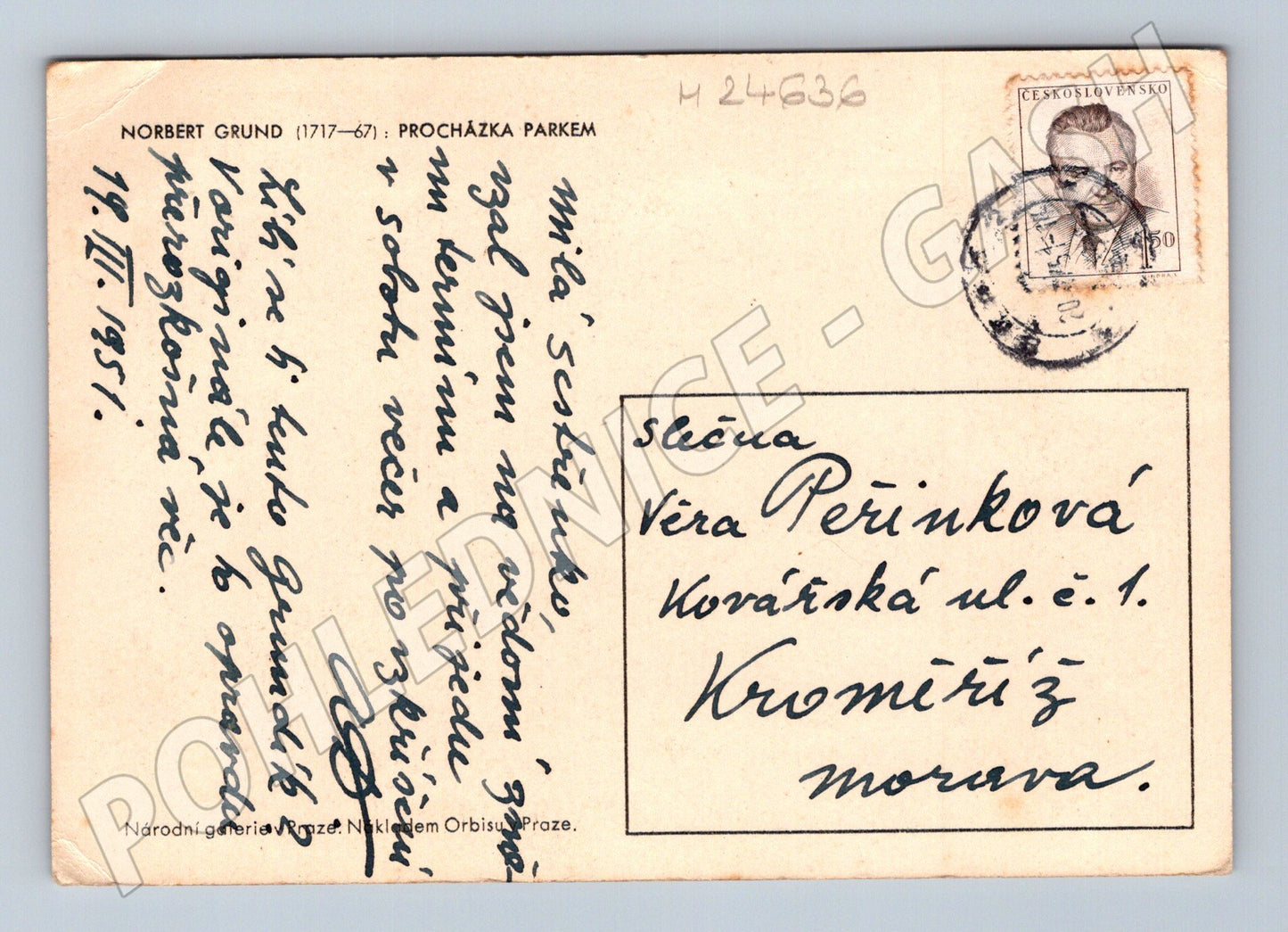 Pohlednice umění Norbert Grund Procházka parkem 1951 (M24636)
