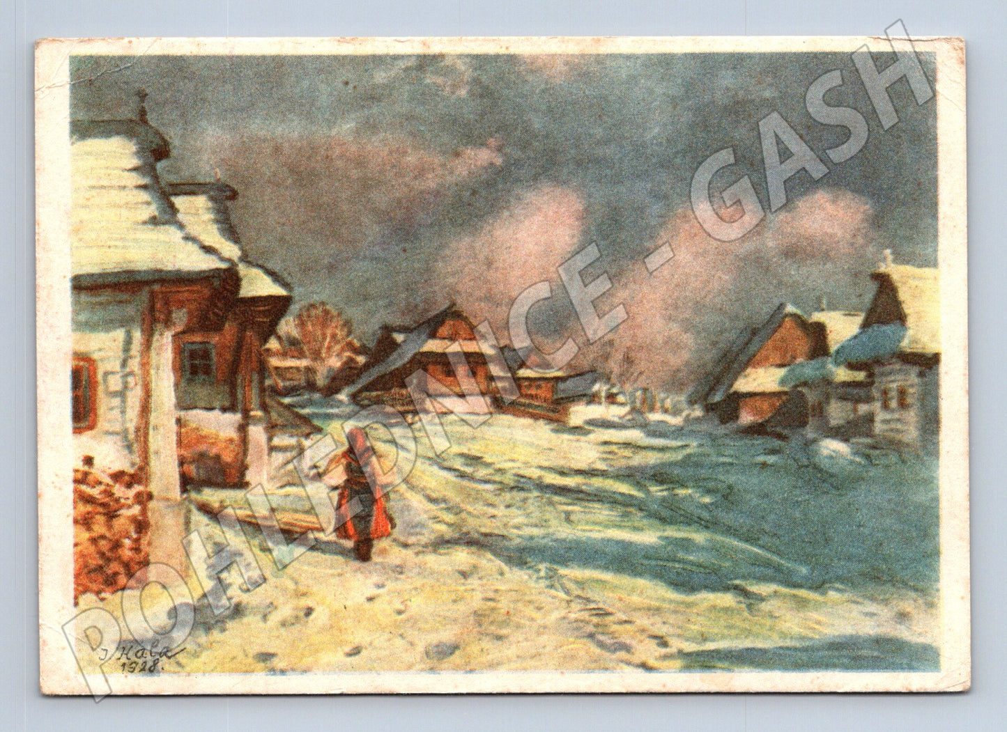 Pohlednice Slovensko J. Hála zimní vesnice 1928 (M24646)