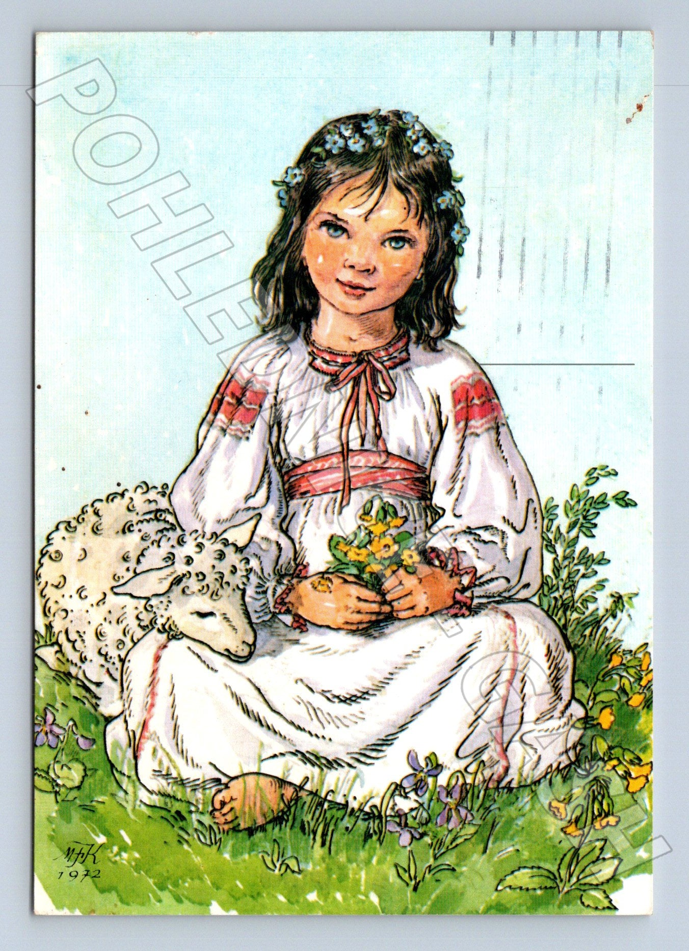 Pohlednice Československo dívka s jehňátkem Velikonoce 1991 (M24670)