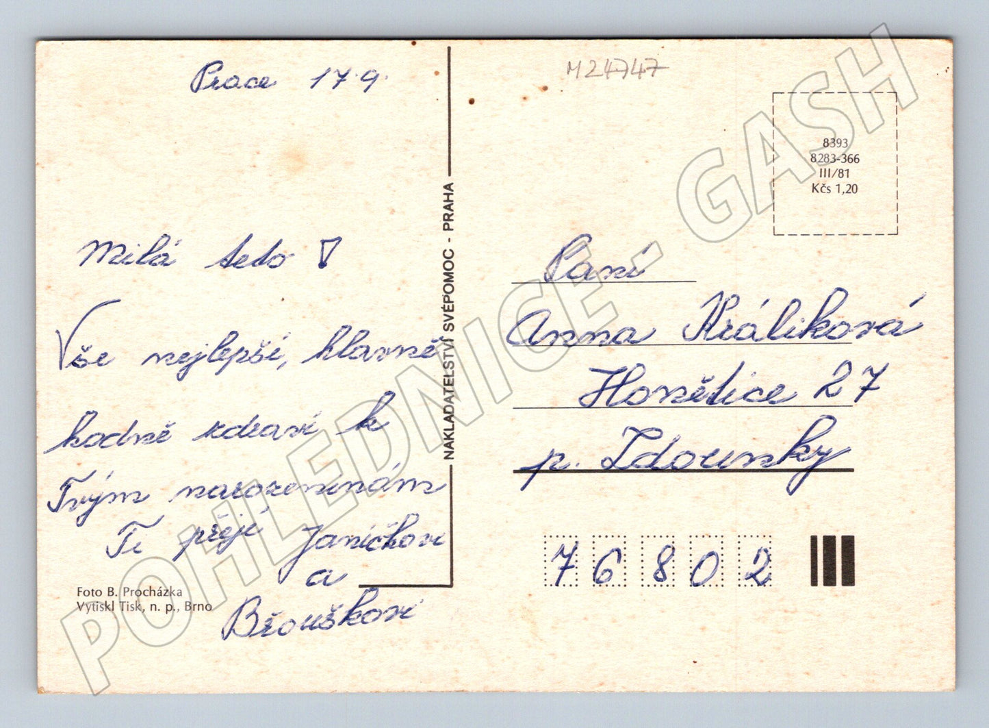 Pohlednice Kytice pivoňky Srdečné přání 1981 (M24747)