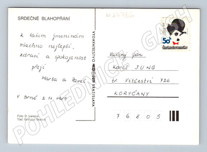 Pohlednice Tři červené růže blahopřání 1989 (M24756)