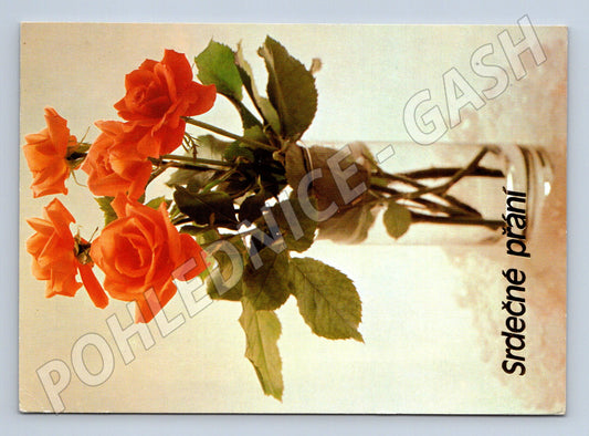 Pohlednice oranžové růže váza srdečné přání cca 1982 (M24824)