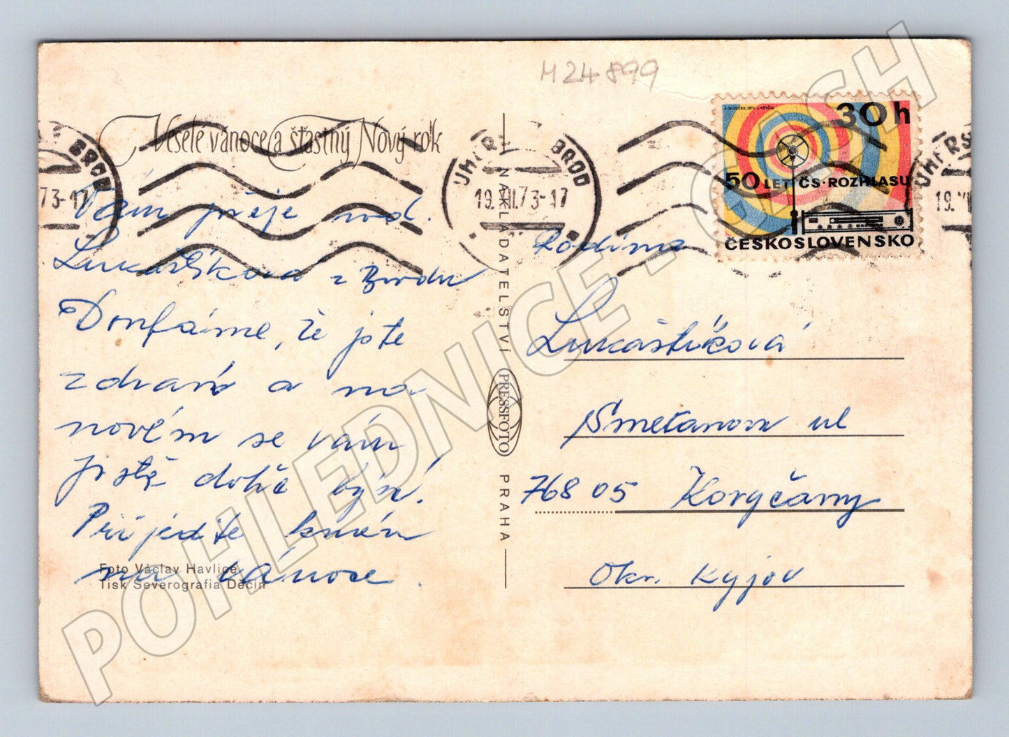 Pohlednice vánoční motiv svíčka a větvička 1973 (M24899)