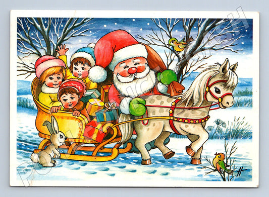Pohlednice Vánoce Santa Claus děti sáňky 1995 (M24923)