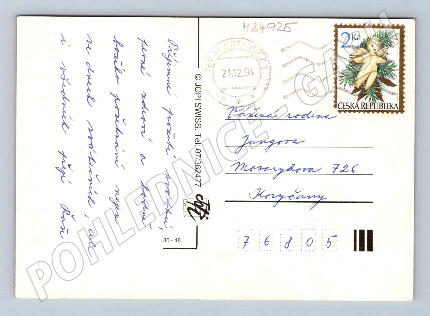 Pohlednice kominíček s prasátkem Šťastný Nový Rok 1994 (M24925)
