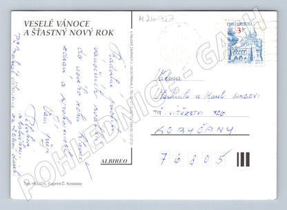 Pohlednice Vánoční motiv zvonky svíčky sníh 1991 (M24927)