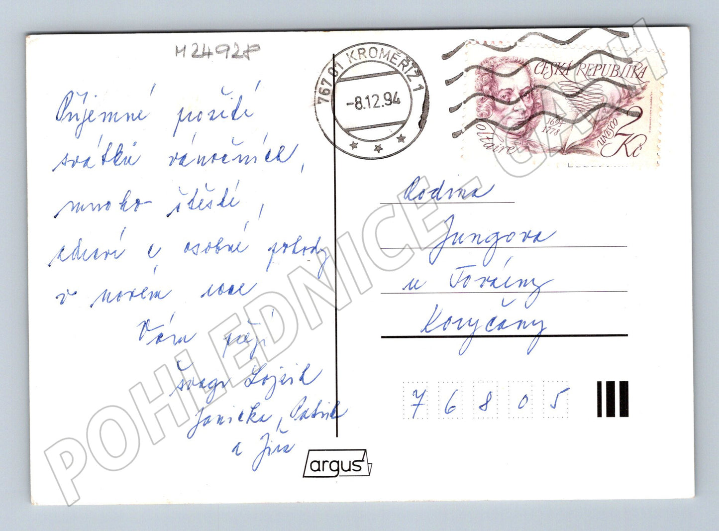 Pohlednice Kroměříž vánoční motiv svíčka vesnice 1994 (M24928)