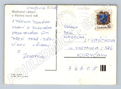 Pohlednice Vánoční idyla, figurky, sekání dřeva 1980 (M24934)