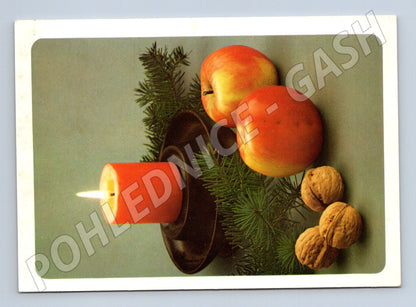 Pohlednice vánoční jablka ořechy svíčka 1995 (M24965)