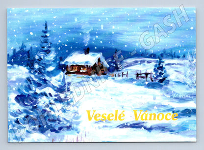 Pohlednice zimní krajina chata Veselé Vánoce (M25013)