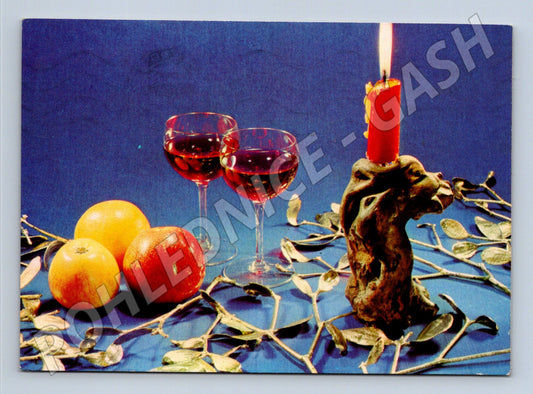 Pohlednice Vánoční motiv svíčka a víno 1969 (M25017)