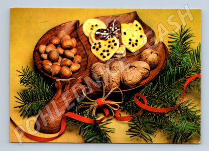 Pohlednice vánoční motiv ořechy cukroví 1986 (M25030)
