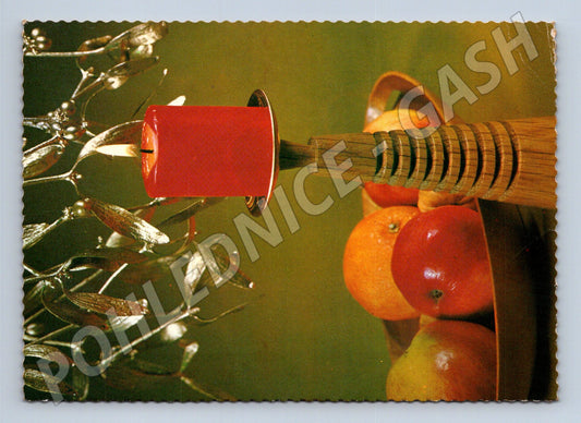 Pohlednice Vánoční motiv svíčka a jmelí 1978 (M25041)