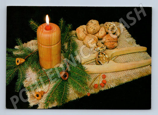Pohlednice Vánoční motiv svíčka ořechy 1985 (M25095)